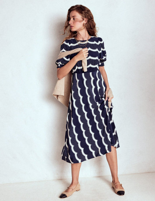Blanca Midi Tea Dress French Navy, Dainty Scallop