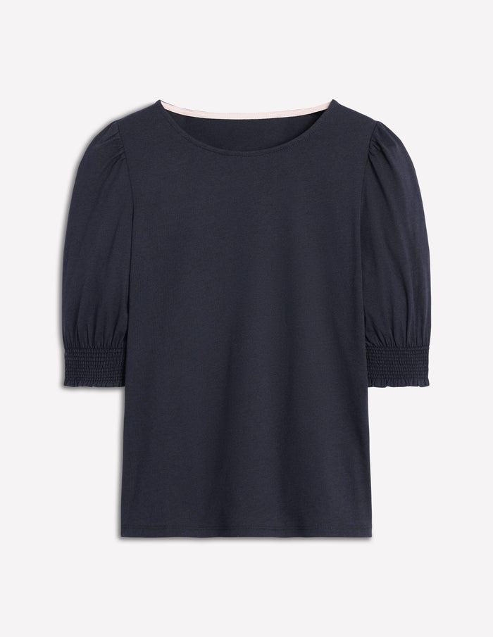 Short Sleeve Smocked Cuff Top Navy