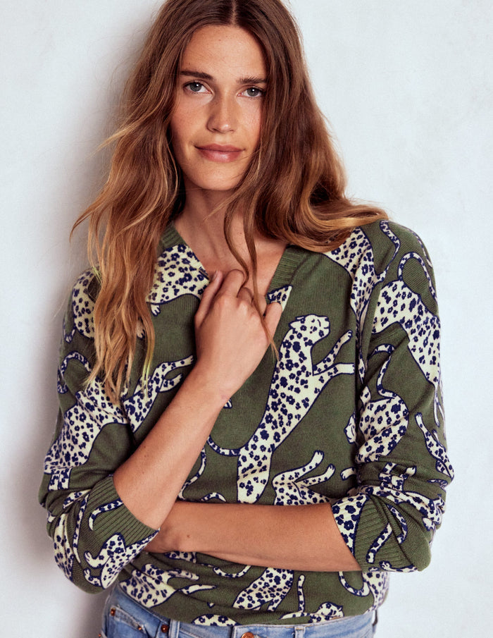 Lydia Cashmere Jumper Woodland Green, Leopard