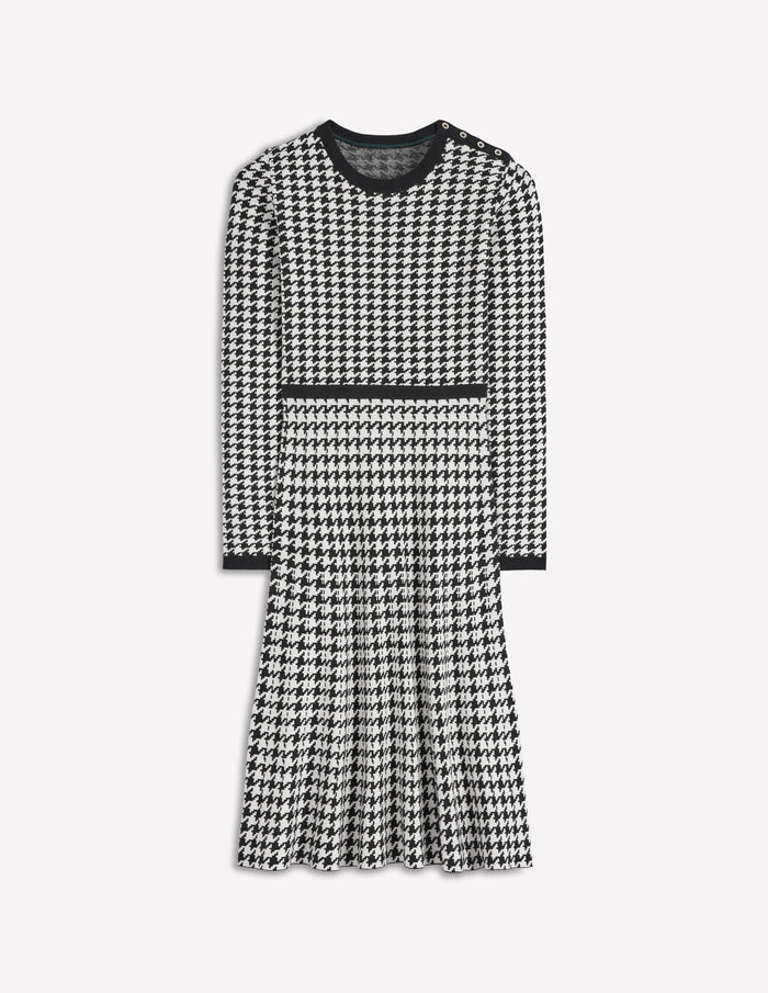 Maria Button Knitted Dress Black and Ivory Dogstooth