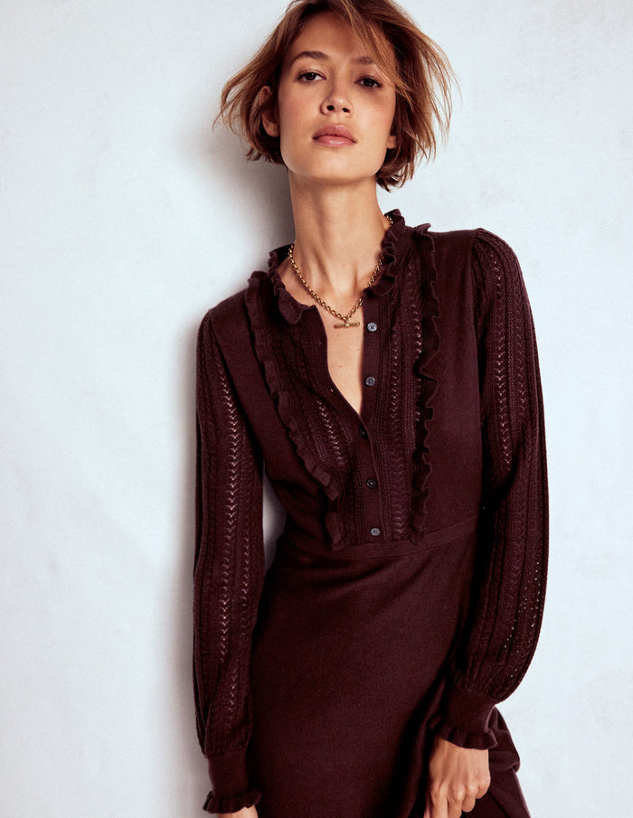 Winifred Frilled Knitted Dress Coffee Bean