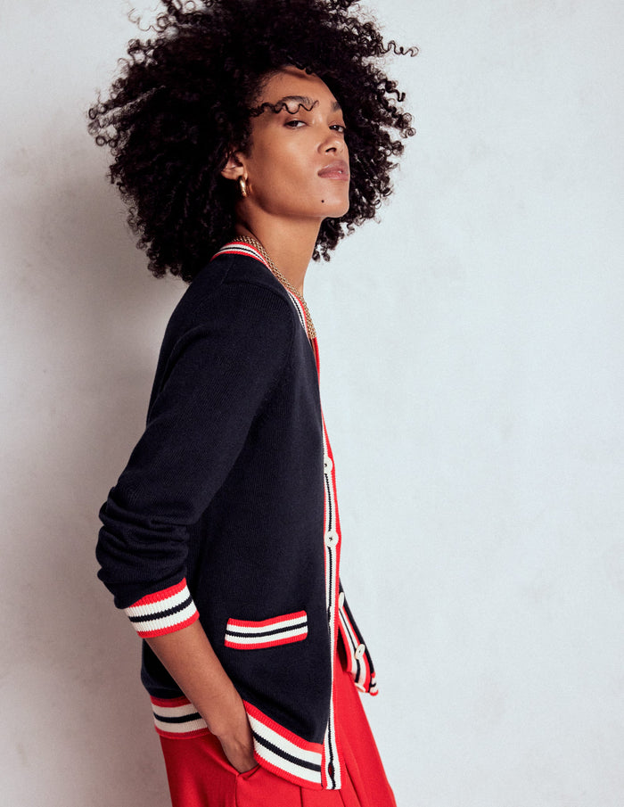 Long Cotton V-neck Cardigan Navy