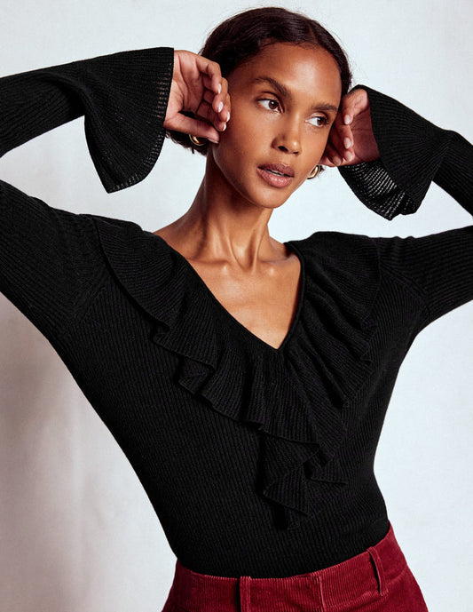 Ruffled Rib Henley Sweater Black
