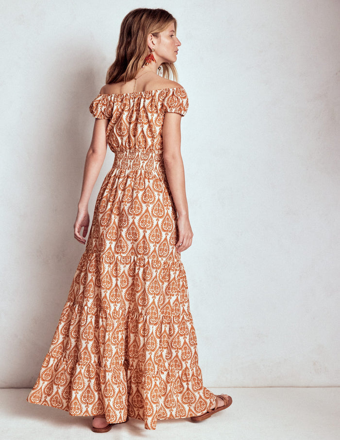 Scoop Cotton Tiered Dress Cognac, Ornate Geo
