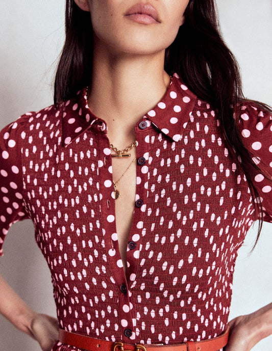 Smocked Jersey Shirt Dress Chestnut, Painted Dot