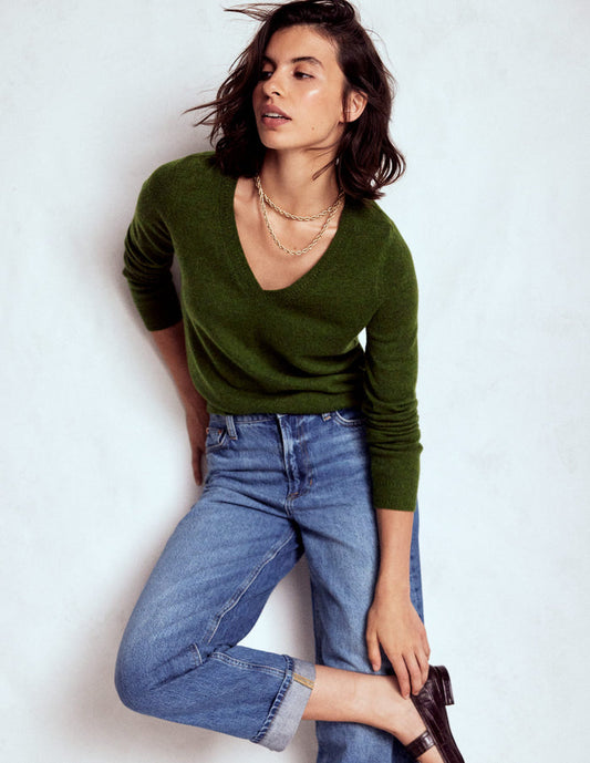 Eva Cashmere V-Neck Sweater Kale Leaf Melange