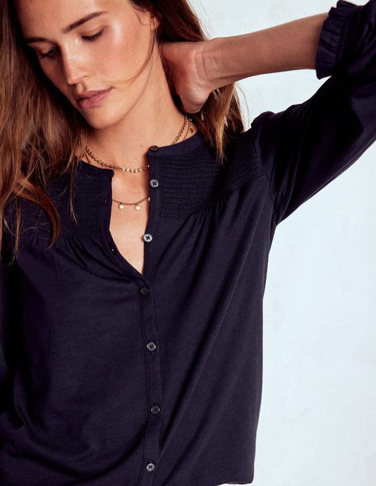 Elsa Smocked Yoke Jersey Shirt Navy