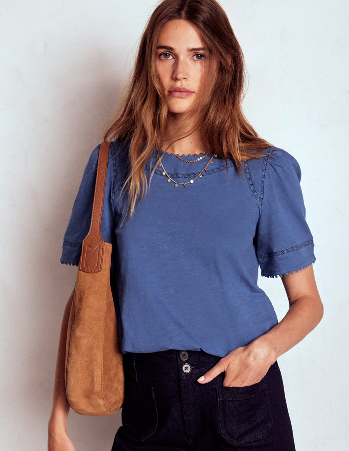 Mila Lace Trim Top Denim Blue