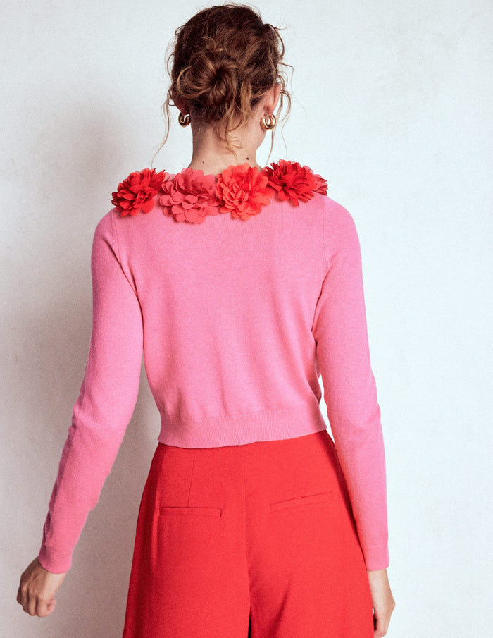 Crew Neck Cropped Cardigan Pink Ribbon