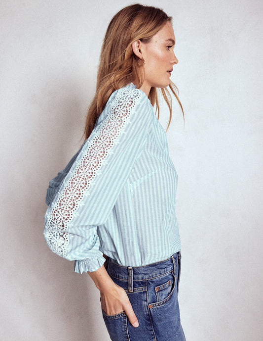 Lorna Pleated Cotton Top Blue and Ivory Stripe