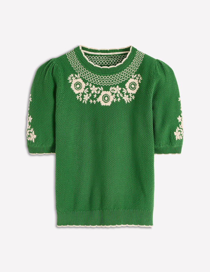 Puff Sleeve Embroidery T-shirt Paradise Green