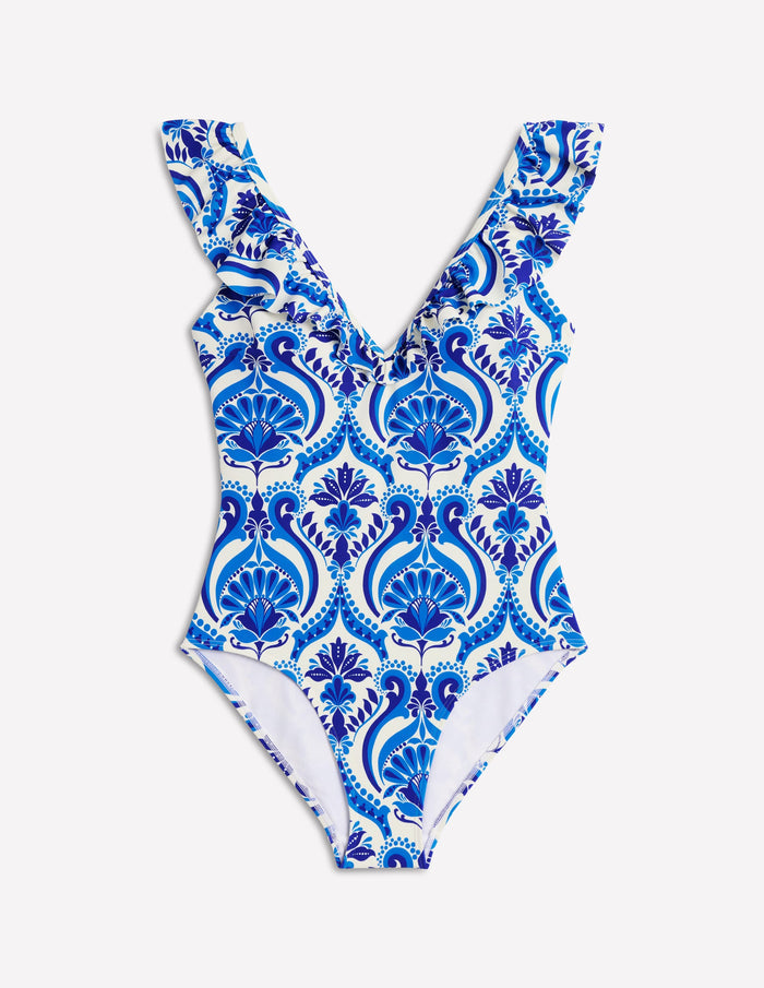 Evia Ruffle Swimsuit Blue, Ornamental Floral