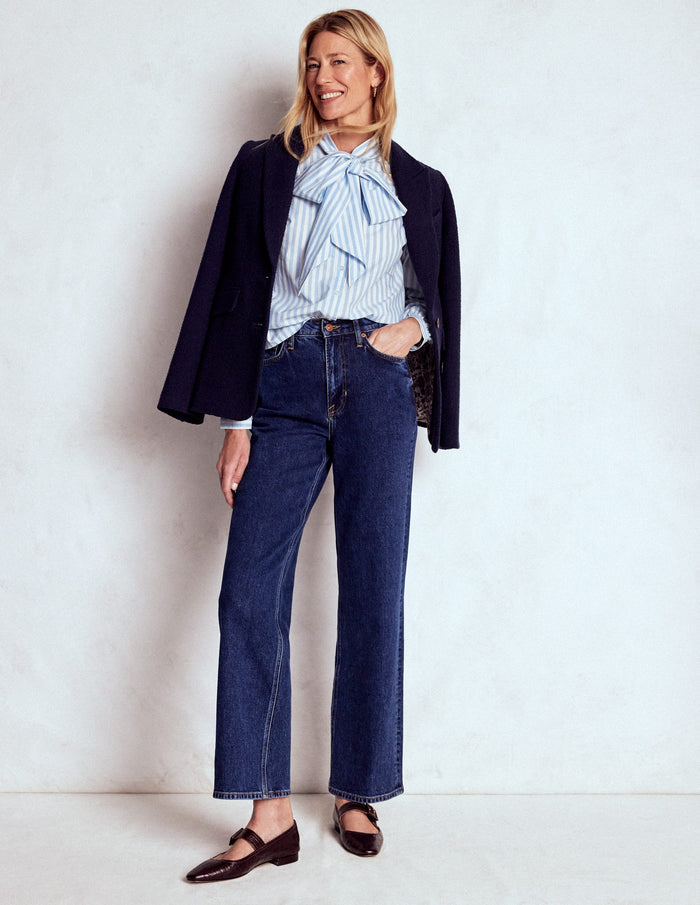 Tie Neck Top Glacier Blue and Ivory Stripe