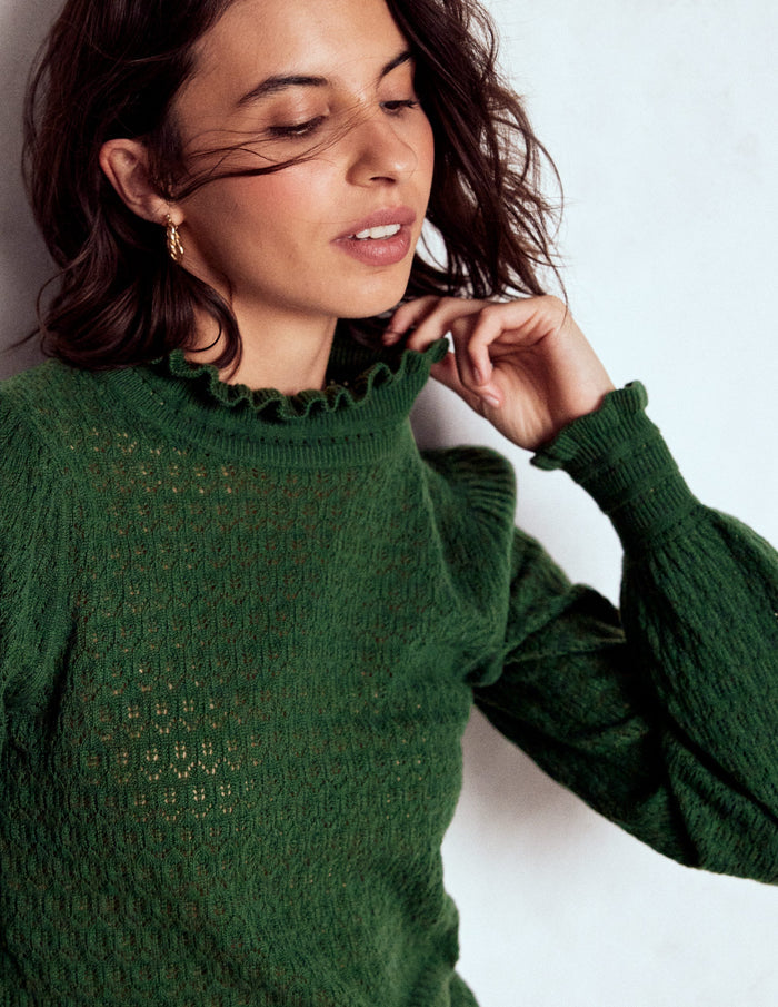 Pointelle Ruffle Sweater Hunter Green