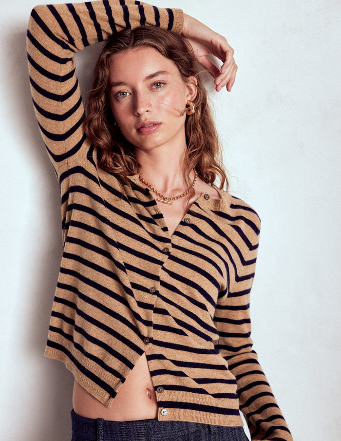 Eva Cashmere Crew Cardigan Camel Melange/Navy Stripe