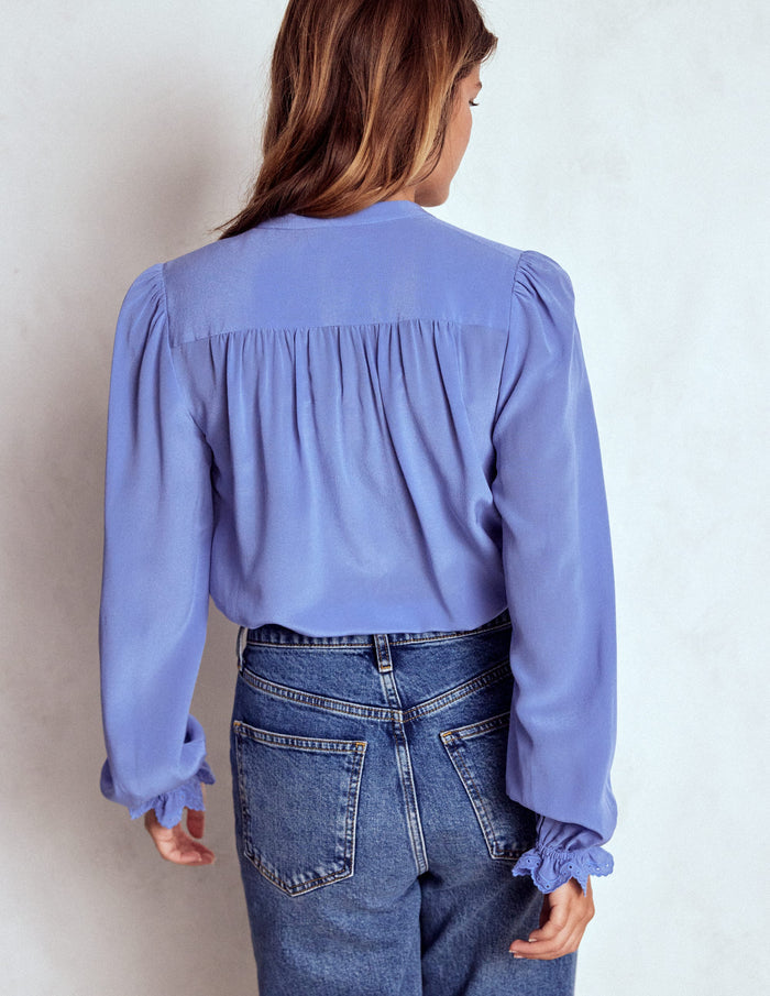 Alice Frill Front Silk Top Soft Blue Broderie