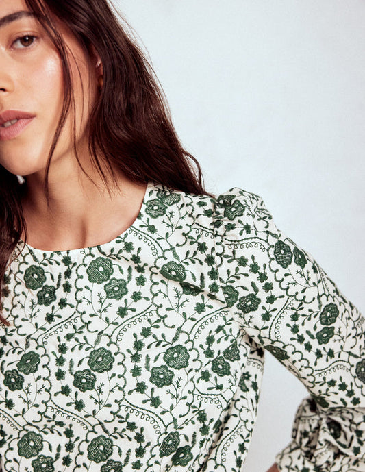 Embroidered Cotton Dobby Top Ivory