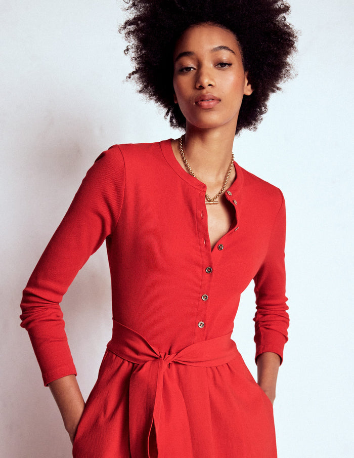 Button Detail Mix Dress Crimson Red