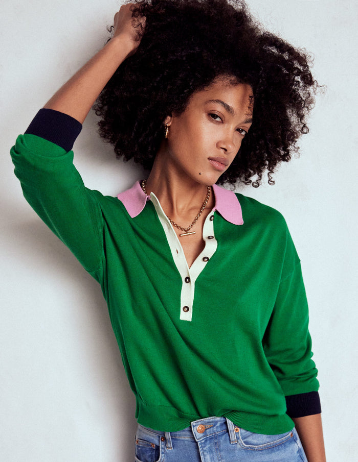 Lara Relaxed Cotton Henley Top Rich Emerald Colour Block