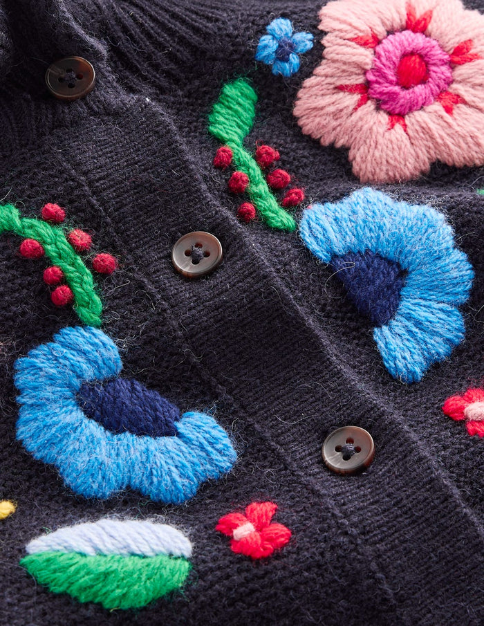 Embroidered Frill Cardigan Navy