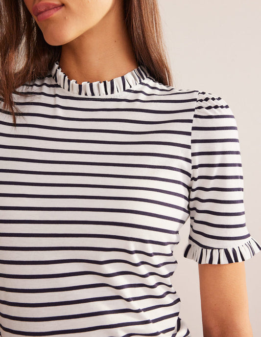 Supersoft Frill Detail T-shirt Ivory, Navy Stripe