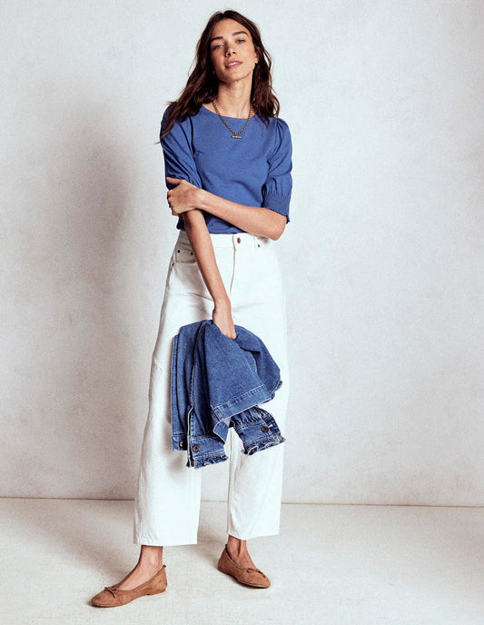 Short Sleeve Smocked Cuff Top Denim Blue