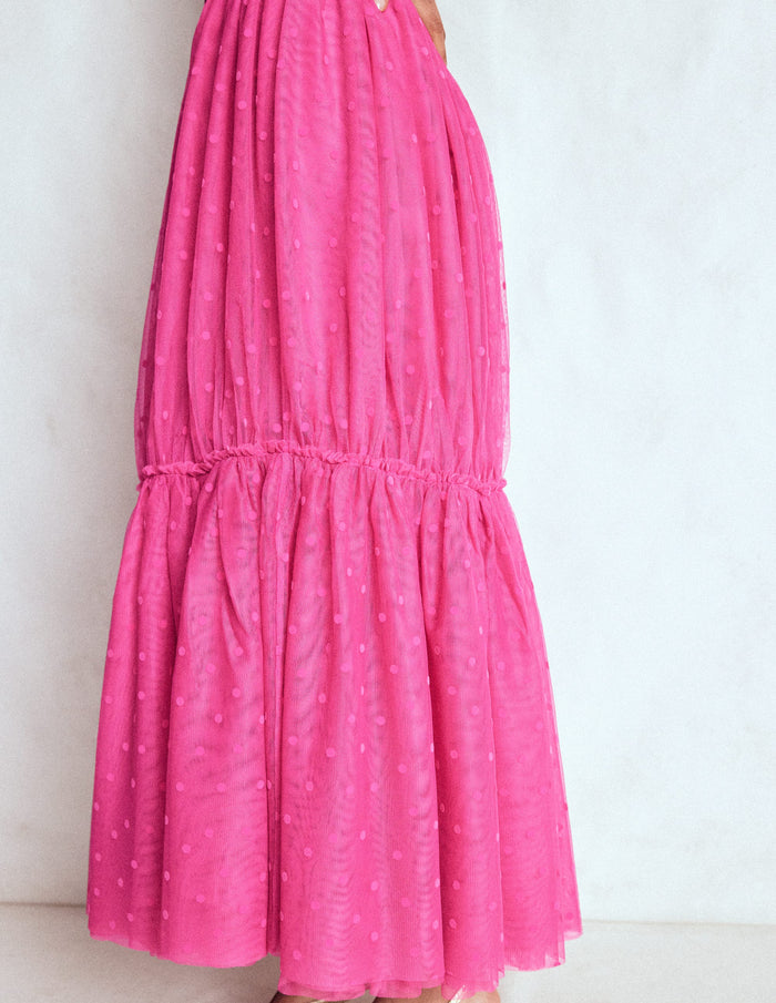 Anna Tulle Midi Skirt Pink Flocked Spot