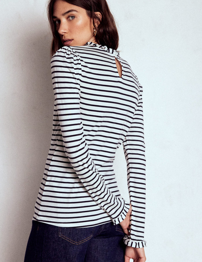 Supersoft Frill Detail Top Ivory / Navy Stripe