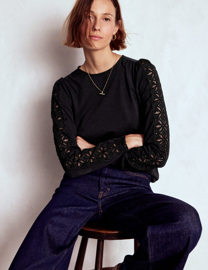 Scarlett Broderie Trim Top Black
