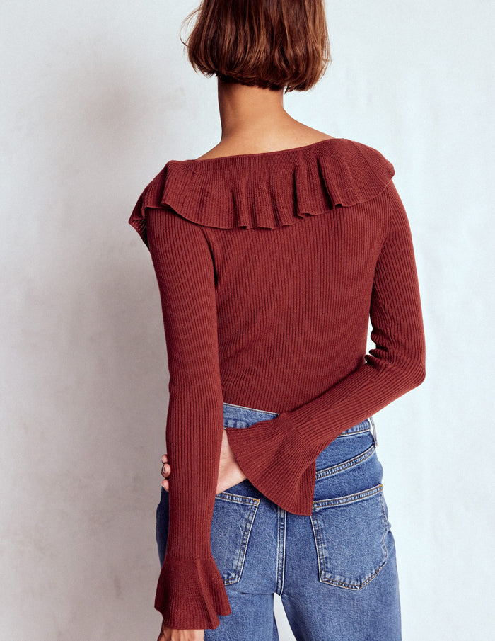 Ruffled Rib Henley Sweater Chestnut