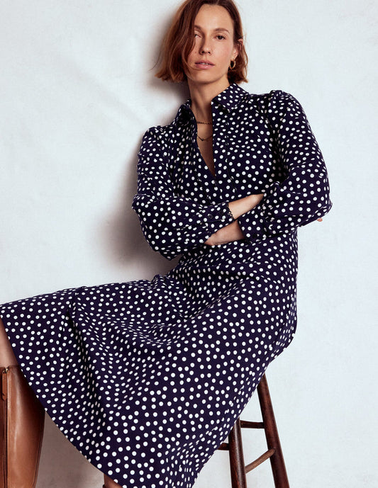 Pip Zip-Up Ponte Midi Dress French Navy, Painted Dot