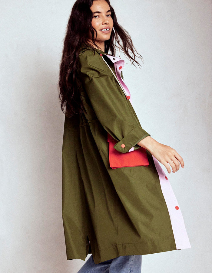 Longline Rain Mac Khaki Colourblock