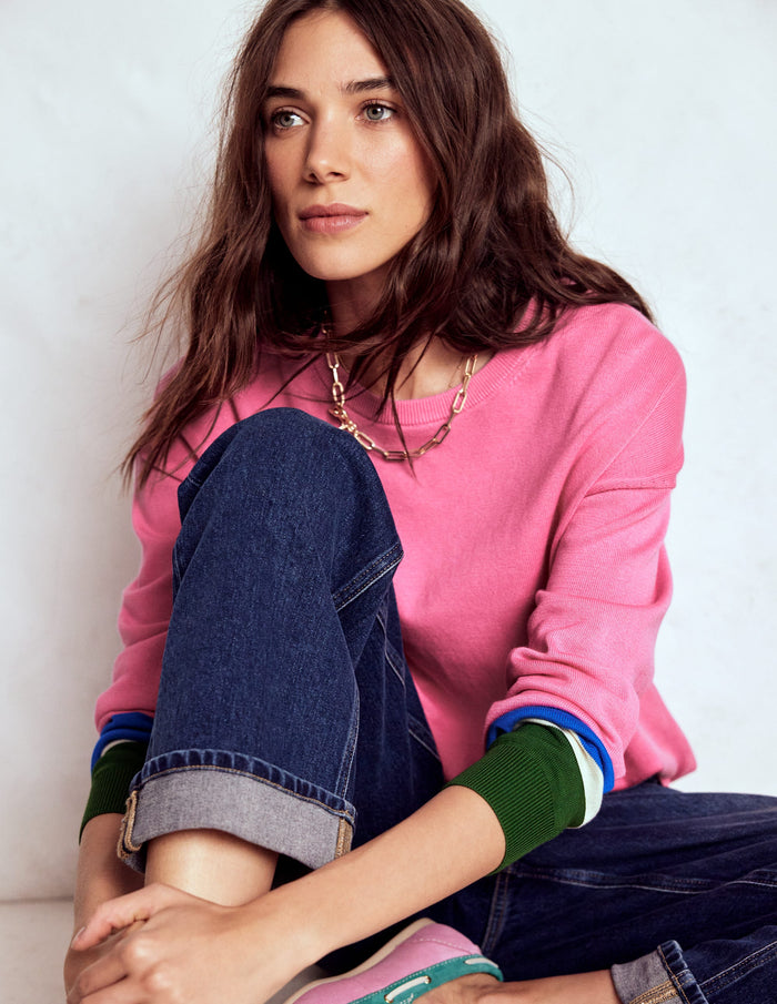 Lara Relaxed Cotton Jumper Pink Lemonade, Cuff Stripe