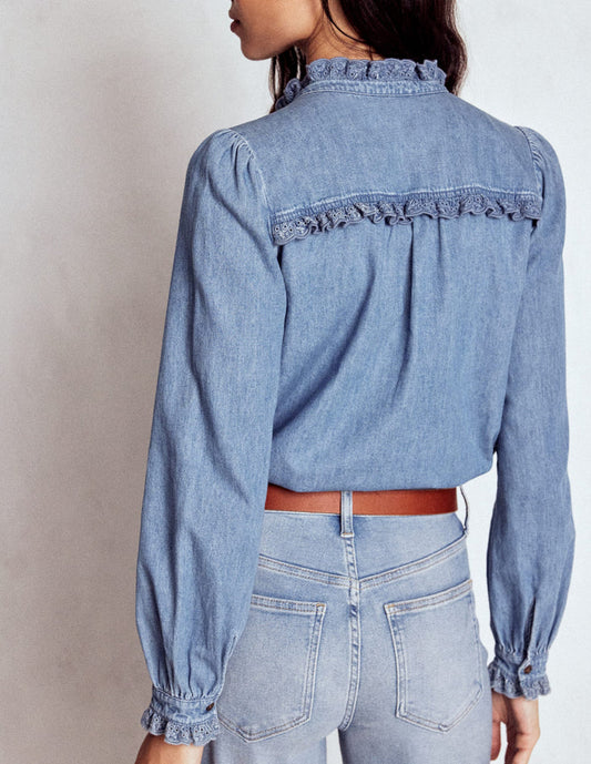 Helena Denim Ruffle Neck Top Light Authentic