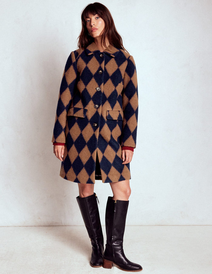 Edinburgh Swing Coat Camel and Navy Argyle