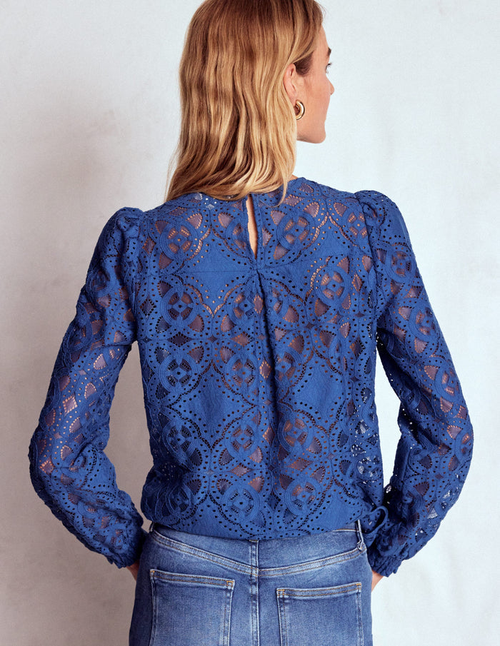 Lace Crew Neck Top Denim Blue