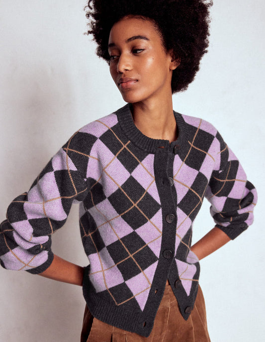 Abi Jacquard Cardigan Lilac, Charcoal Melange Argyle