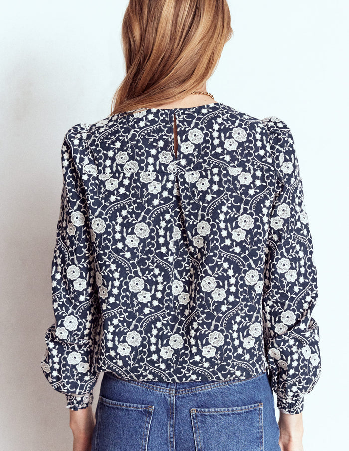 Embroidered Cotton Dobby Top Navy