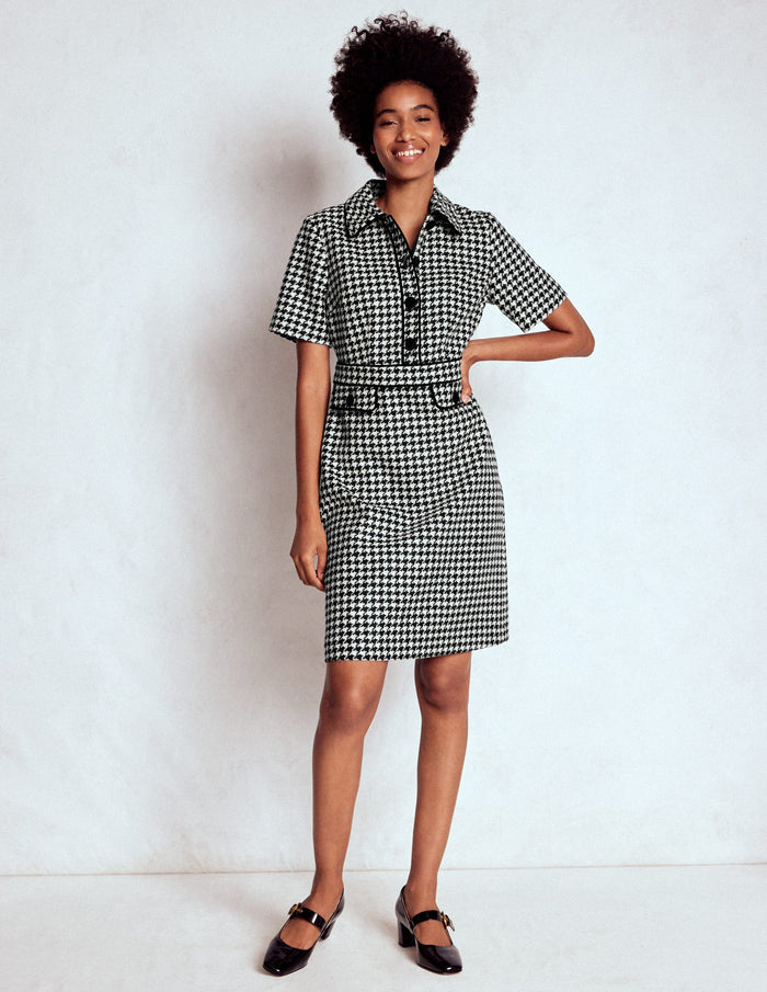 Eda Wool Shift Dress Black Dogstooth