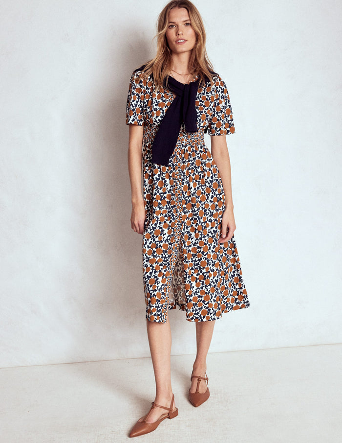 Natalia Jersey Tea Dress Cognac, Floweret Vine
