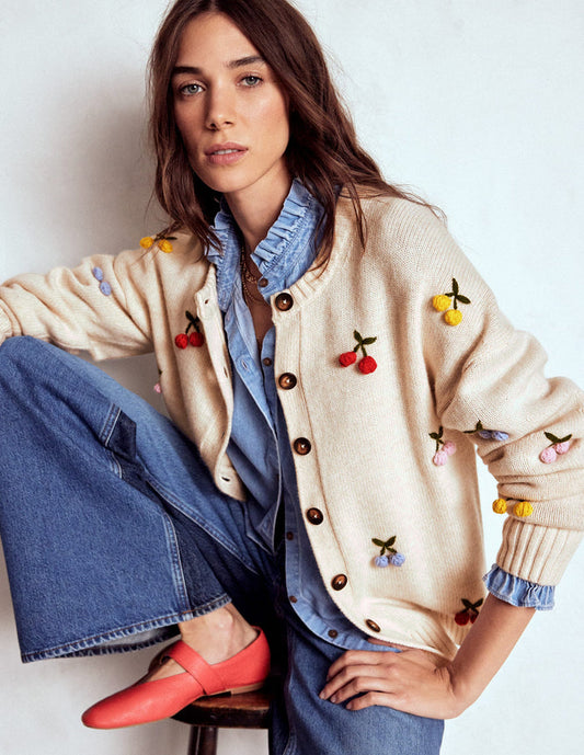 Natalie Embroidered Cardigan Oatmeal Melange, Cherry
