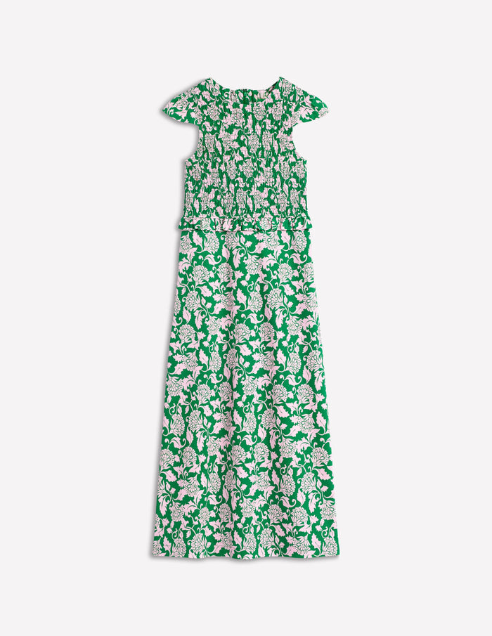 Carolina Smocked Midi Dress Rich Emerald, Ornate Vine