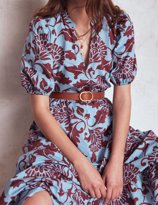 Christabel Cotton Midi Dress Glacier Blue, Ornate Vine