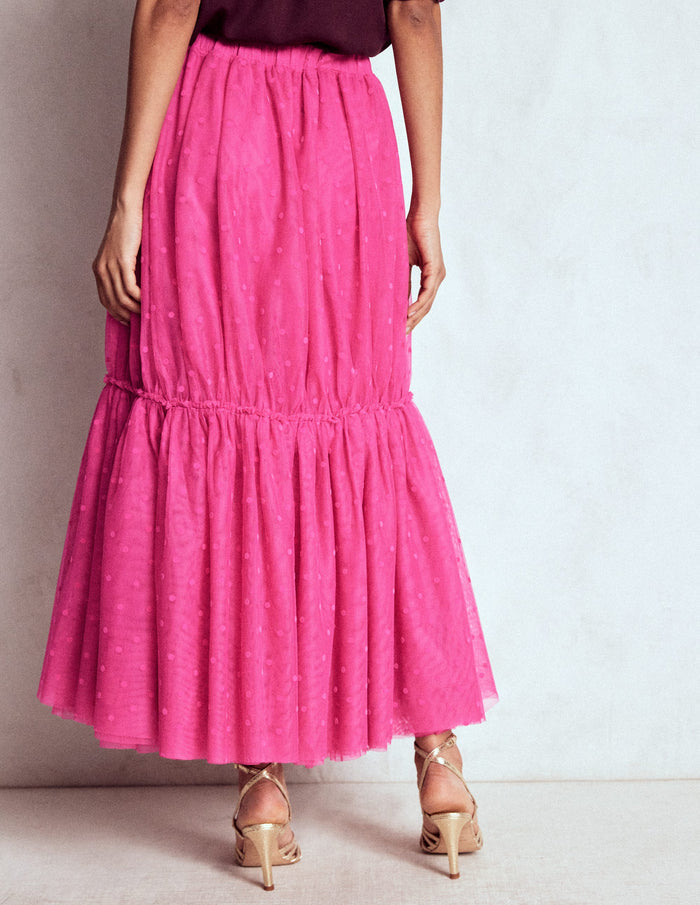 Anna Tulle Midi Skirt Pink Flocked Spot