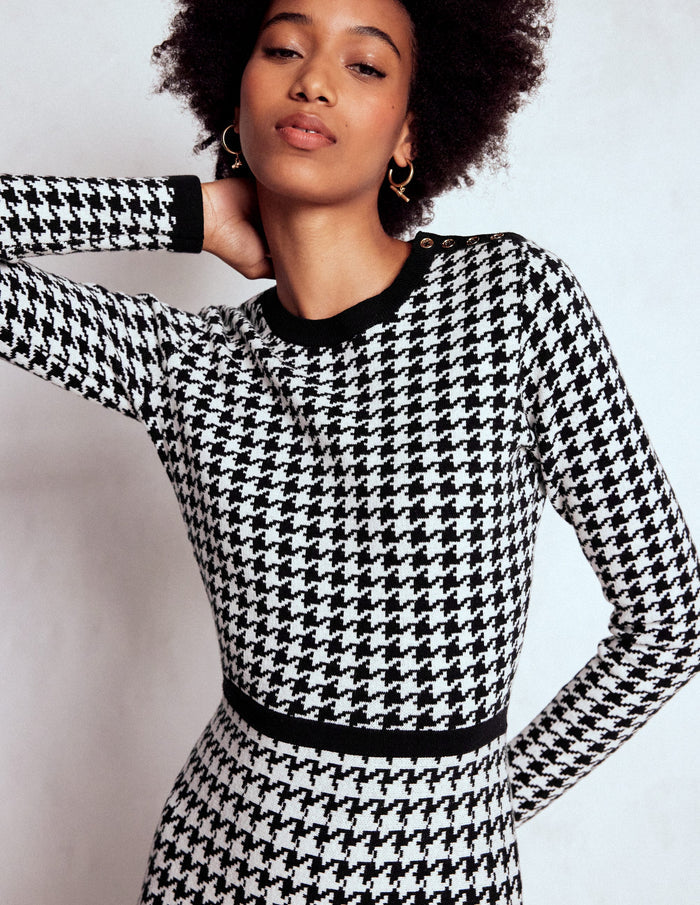 Maria Button Knitted Dress Black and Ivory Dogstooth