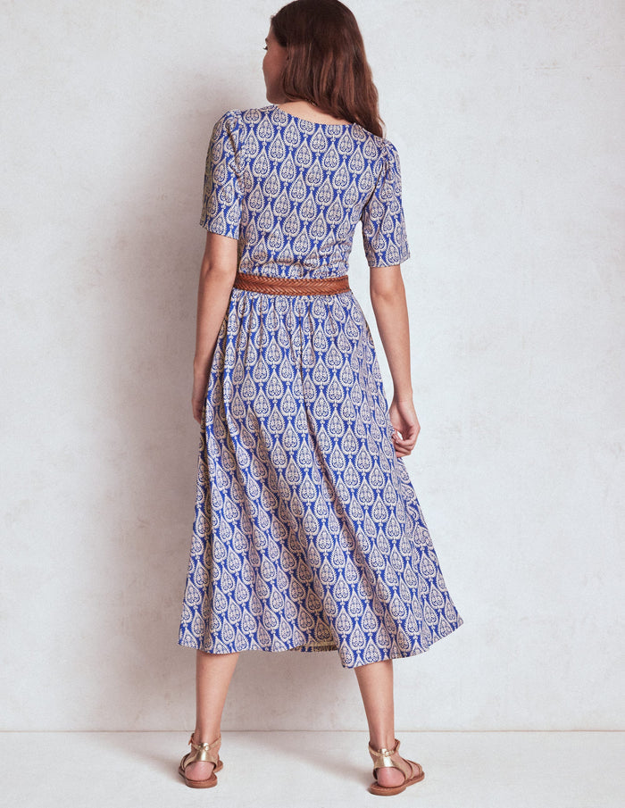 Louisa Jersey Midi Dress Bright Blue, Ornate Geo