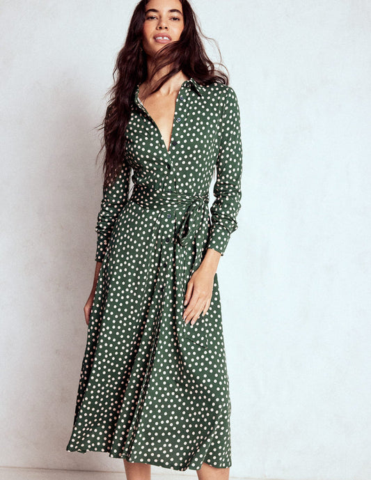 Marcia Jersey Shirt Dress Hunter Green, Painted Dot