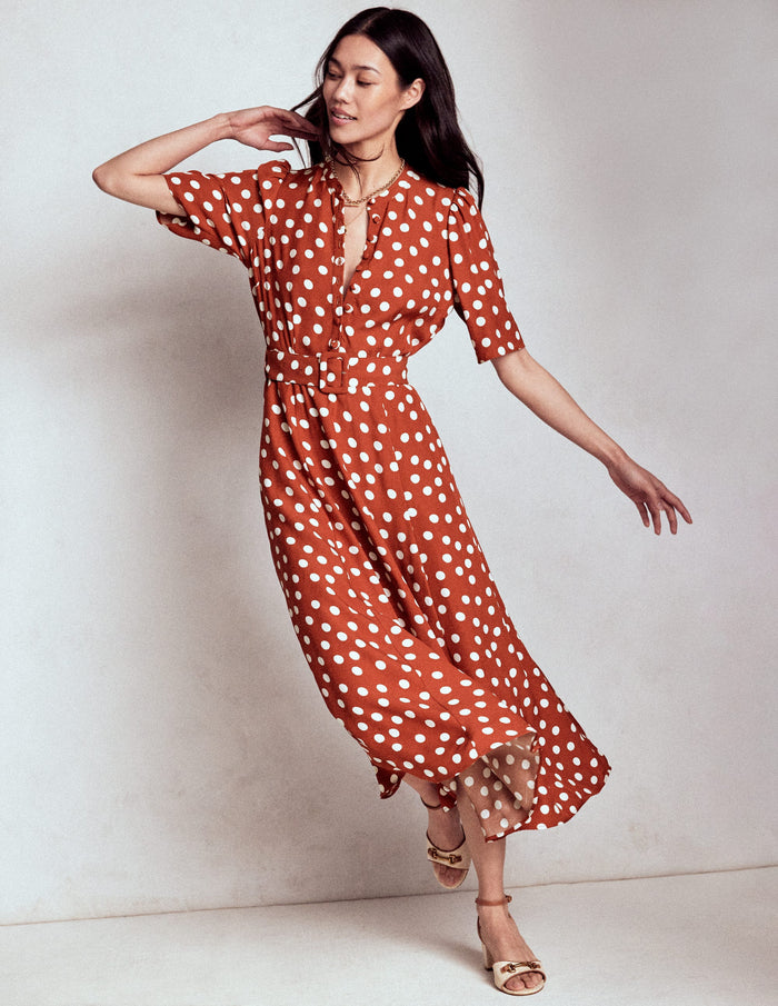 Kate Puff Sleeve Belted Dress Roasted Chestnut, Painted Dot