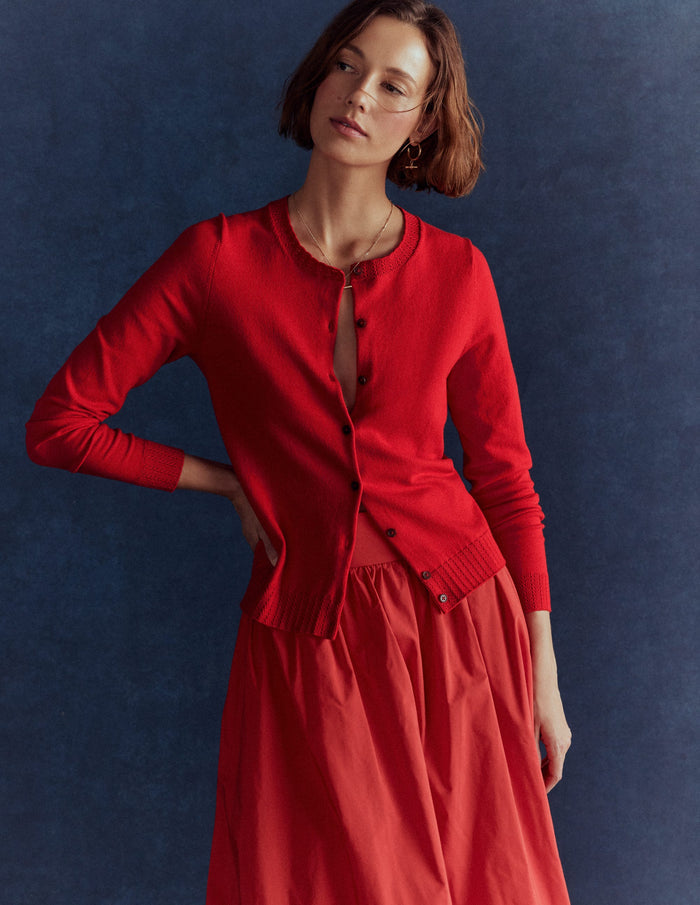 Emilia Cotton Crew Cardigan Poppy Red