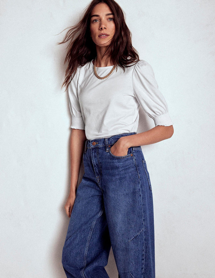 Short Sleeve Smocked Cuff Top White